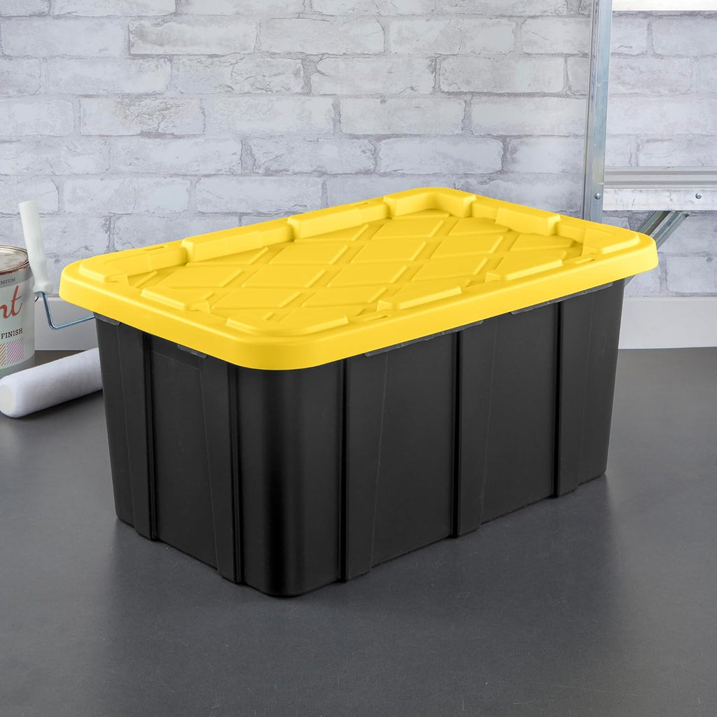 Sterilite 17 Gal Industrial Tote - Stackable Storage Bin with Snap-Fit Lid | Black Base & Yellow Lily Lid, 6-Pack