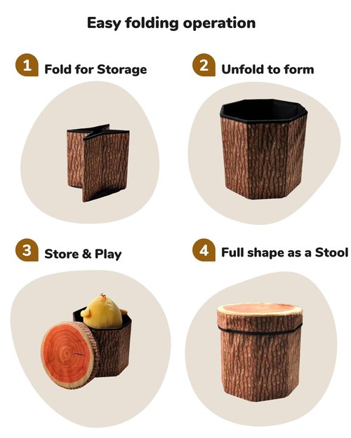 CHEFAN Fruit Storage Stool Ottoman,Tree Stump Stool, Cute Folding Storage Toy Box, Collapsible Seat Chest, Wood Stump Organizer Stool for Toy, Cloth and Kids