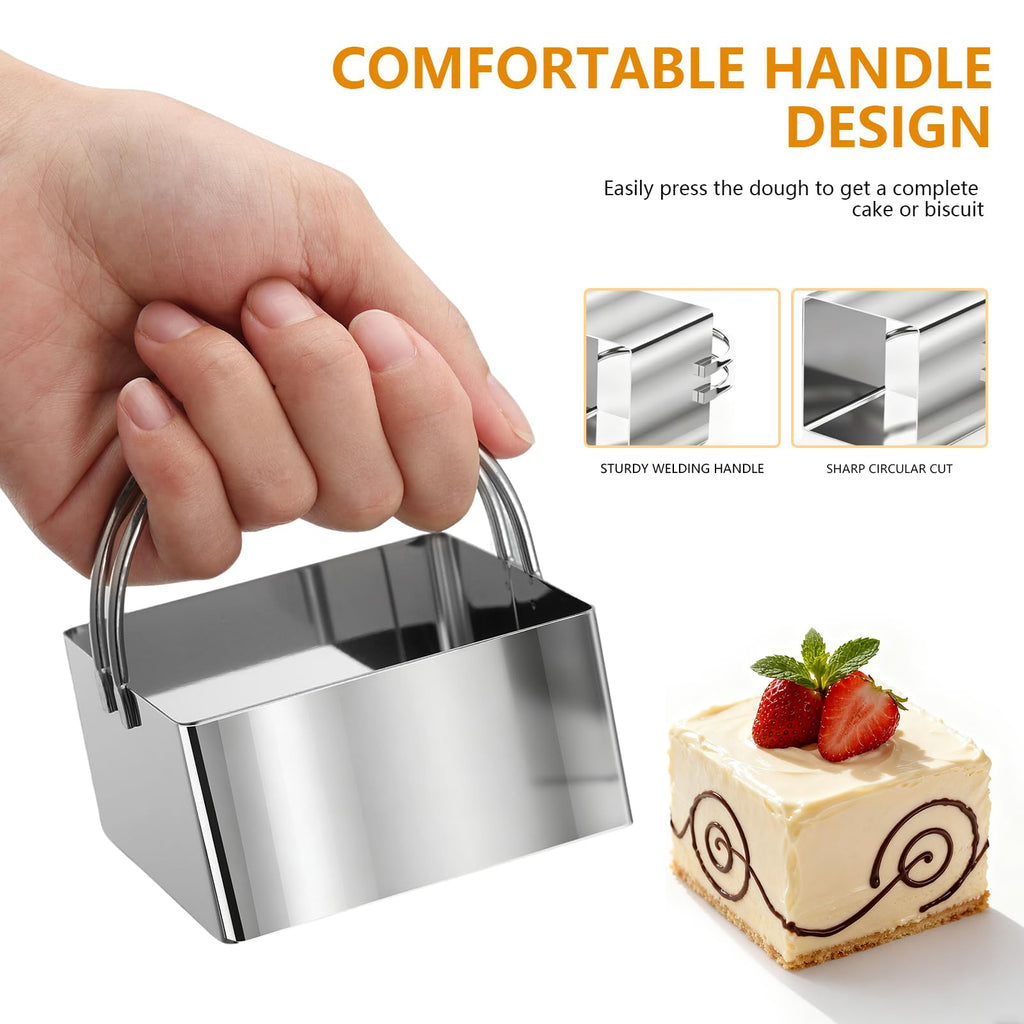 4 Pieces Square Cookie Cutters - 2inch, 2.25inch, 2.75inch, 3.15inch Stainless Steel Biscuit Cutter with Handle and Big Ring, Professional Baking Dough Cutter Tools for Cakes, Sandwiches