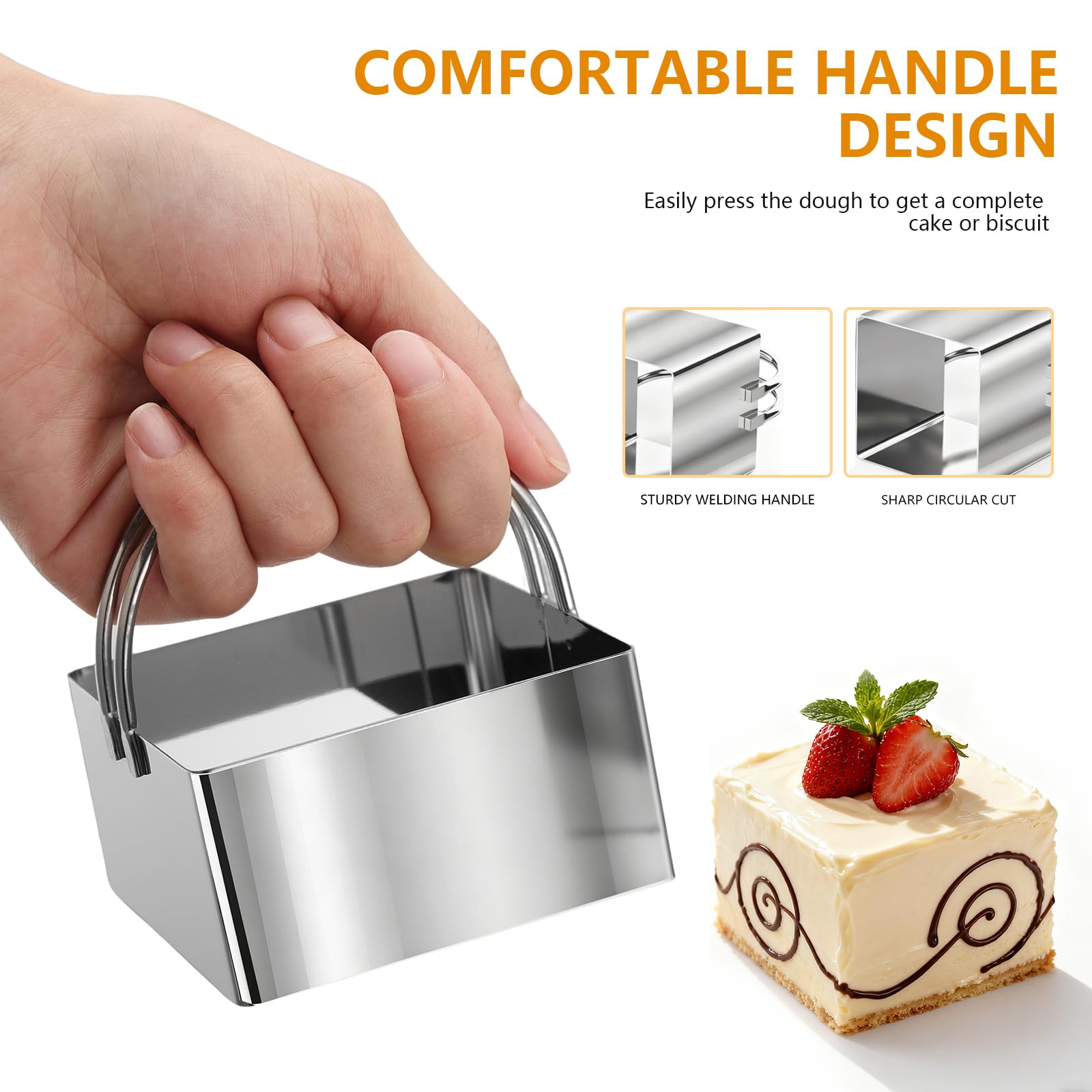 4 Pieces Square Cookie Cutters - 2inch, 2.25inch, 2.75inch, 3.15inch Stainless Steel Biscuit Cutter with Handle and Big Ring, Professional Baking Dough Cutter Tools for Cakes, Sandwiches