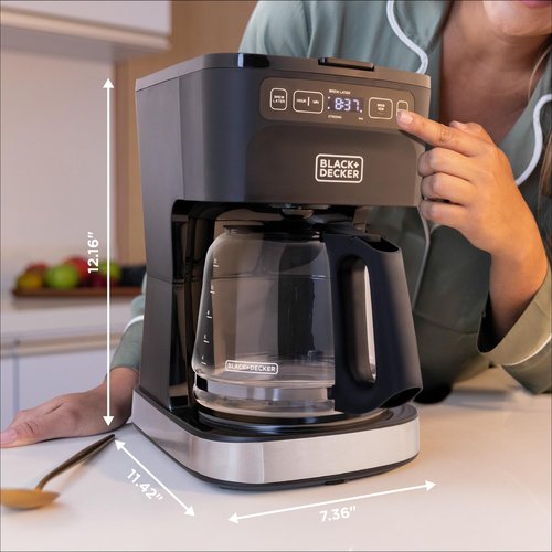 BLACK+DECKER CAFÉCRAFT 12-Cup Programmable Coffee Maker, Stainless Steel Drip Coffeemaker with Vortex Showerhead, Strength Selector, Sneak-A-Cup, Keep Warm