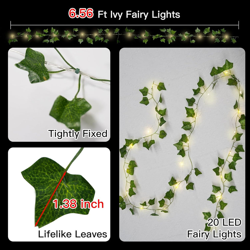 Suddus Ivy Vines String Lights - 20 LED Battery Operated Fairy Lights with Timer | 6.56FT Warm White Decor for Bedroom, Garden, and Events