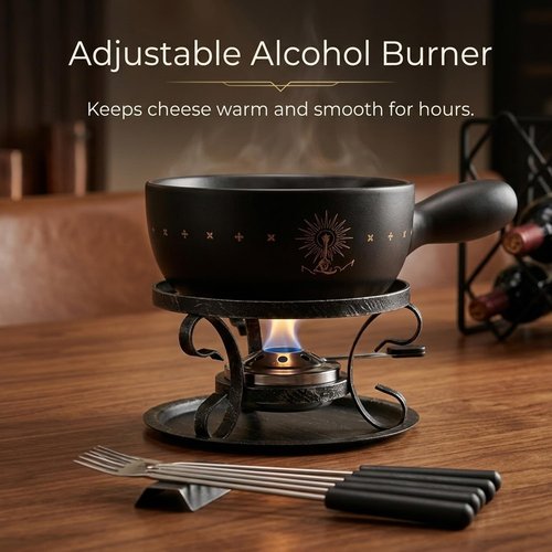 Artestia Ceramic Fondue Pot Set for Cheese & Chocolate, 2L Fondue Set for 6 People with Burner, Stand & Forks, Swiss Style Melting Pot for Party, Date Night & Gift