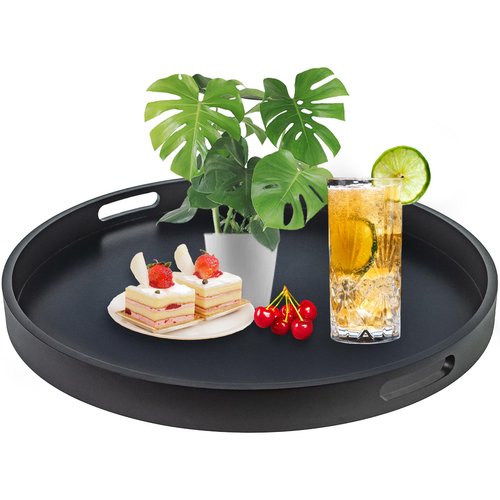 Large Round Black Tray, 20" Extra Large Black Ottoman Tray, Wood Serving Trays, Decorative Trays with Handles for Home Kitchen
