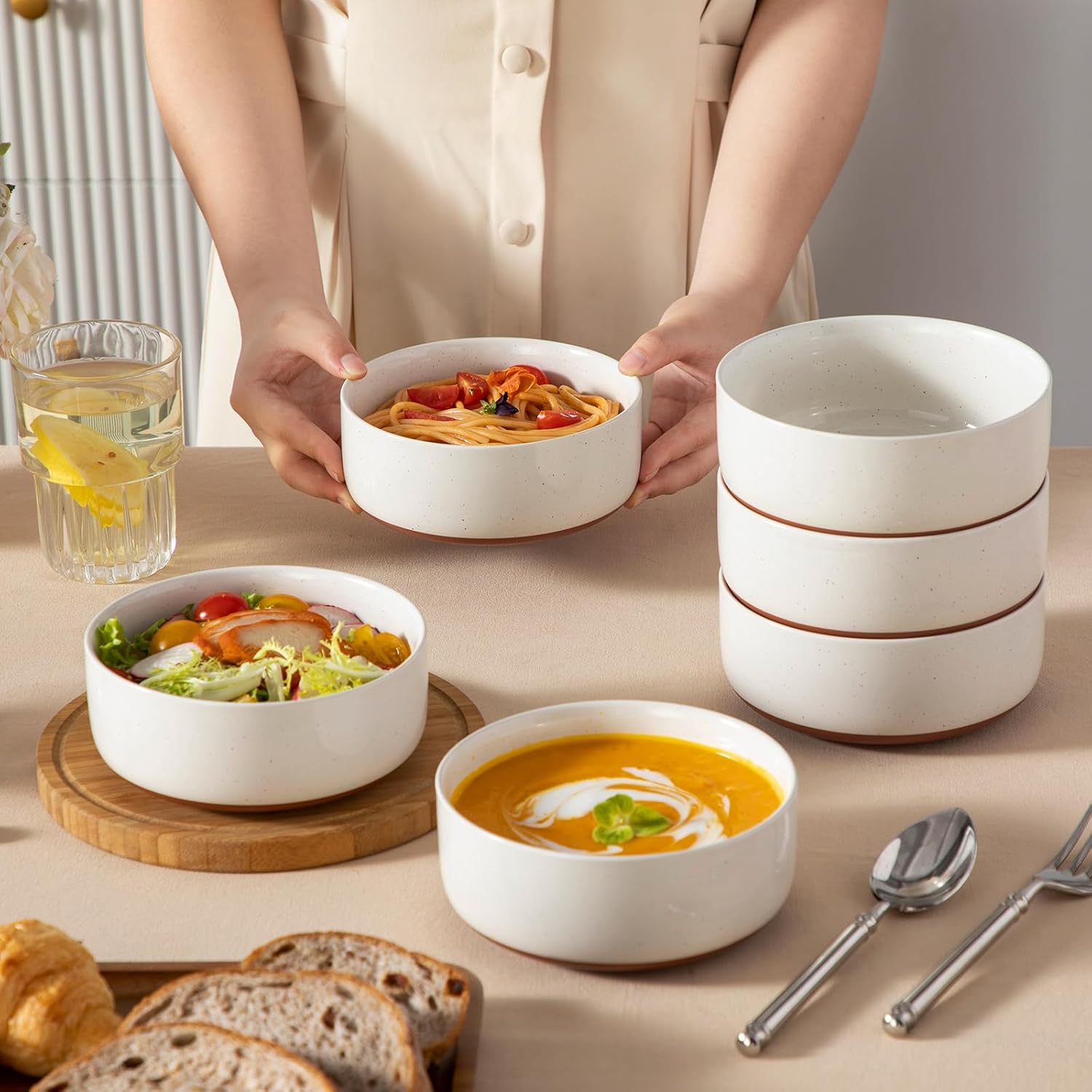 MALACASA Cereal Bowls Set - 24 OZ Ceramic Soup & Breakfast Bowls | Dishwasher & Microwave Safe, Khaki White