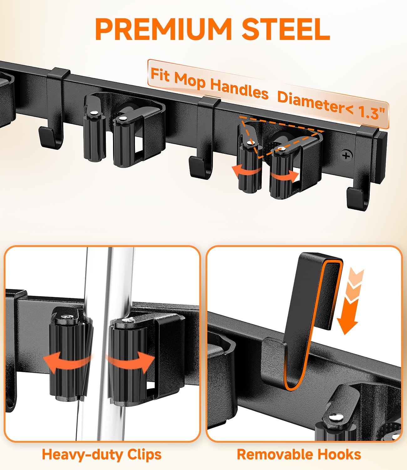 Skiennix Broom Holder Wall Mount - Space-Saving Organizer with 8 Slots & 10 Hooks | Ideal for Laundry Room, Garage, Garden