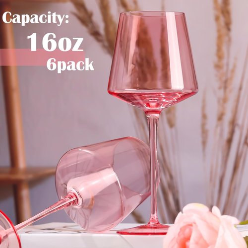 Physkoa Pink Wine Glasses Set of 6-16oz Hand-Blown Pink Wine Glass with Long Stem, Unique Red&White Wine Glasses For Party Home Bar New Year Gifts