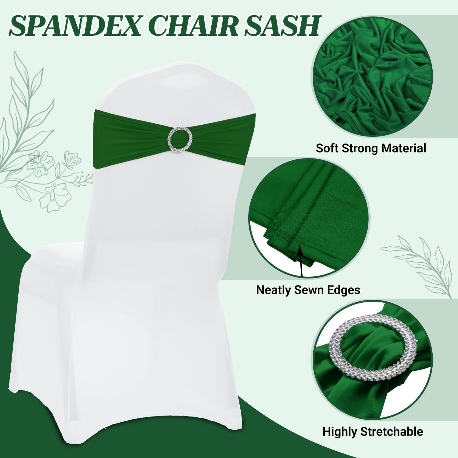 MDS Premium Spandex Chair Sashes - Stretchy Bow Covers with Buckle Slider | Universal Fit - Green (Pack of 100)