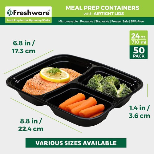 Freshware Meal Prep Containers - 50 Pack 3 Compartment Food Storage with Lids | BPA Free, Stackable, Microwave Safe (24 oz)