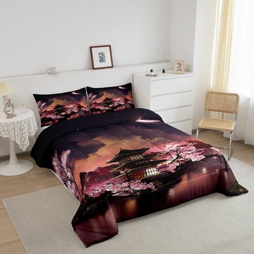 Homewish Japanese Style Comforter Set Queen Size Moon Cherry Blossom Bedding 3pcs Romantic Night Sky Scenery Quilt,Room Decor Exotic Pink Duvet Insert,2 Pillowcases ZZRS896ZMD-BZ_USq