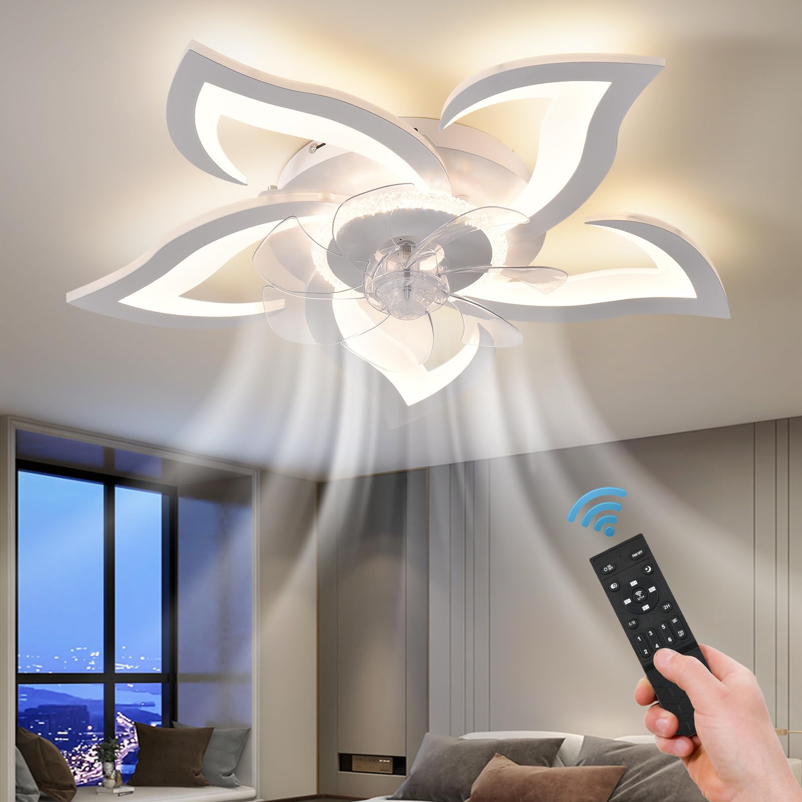 ZHMDJDSH 26" Geometric Ceiling Fan with Light Remote Control, 6 Speeds 3 Colors, White Low Profile Flush Mount Ceiling Light for Kitchen Bedroom Living Room