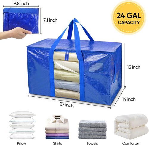 BALEINE 8-Pack Heavy-Duty Moving Bags - Oversized Storage Totes with Reinforced Handles (Blue w/Window)