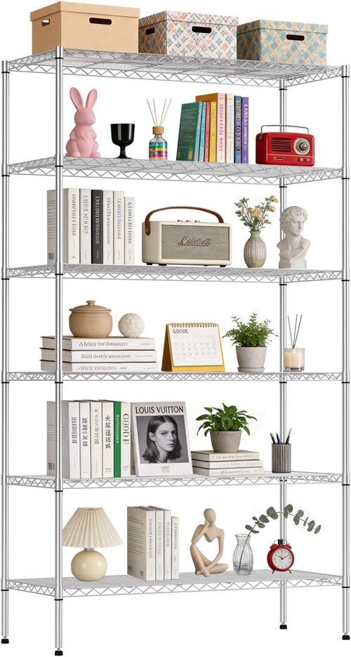 BestOffice | Heavy-Duty 6-Tier Wire Storage Shelves with Wheels | Adjustable Chrome Racks | 18x45x82 | Holds Up to 2100 lbs | Easy No-Tool Assembly for Home & Garage