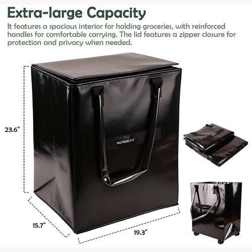 Reusable Grocery Bag on Wheels, Extended Handle Zipper Cover Foldable Rolling Tote, Large Shopping Trolley, Lightweight Storage Bag, Black