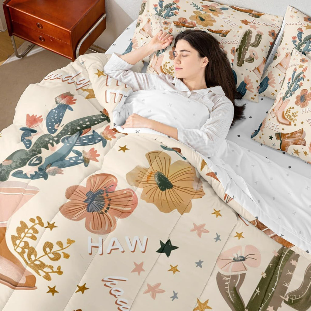 Manfei 7pcs Cowgirl Comforter Set Twin Size, Country Western Cowboy Boots Bedding Set with Sheets for Kids Girls Teens Room Decor, Wild West Cactus Flower Bed in a Bag Cute Cartoon Brown Bed Set