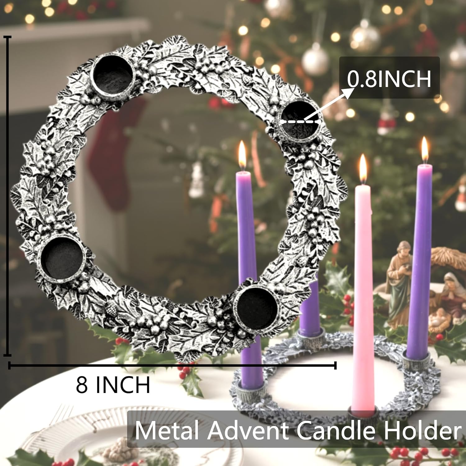 Shellwei Advent Wreath Candle Holder - 8 Inch Metal Design with Holly Berry Leaves for Christmas Decor