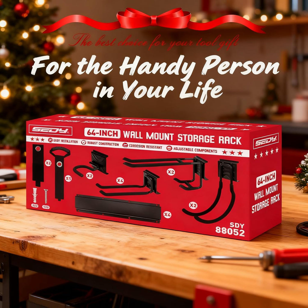 SEDY Heavy Duty Garage Storage Tool Organizer - Wall Mount Rack with Adjustable Hooks, 300lbs Capacity | Easy Installation (10 Hooks, 4 Rails, 3 Straps)