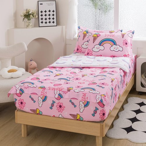 lishjekee 4 Pieces Rainbow Strawberry Comforter Twin Zipper Bedding Girls Rainbow Bedding Set Zip Up Bed in A Bag for Kids Kawaii Pink Flower Bed Sets with Fitted Sheet Pillowcases