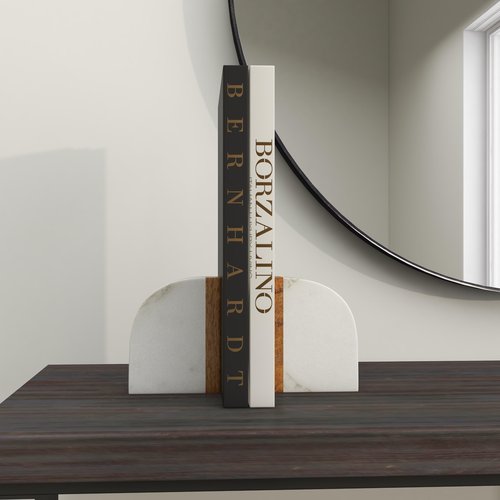 Deco 79 Marble Decorative Bookends 5 lbs Non Skid Bookends with Wood Details, Set of 2 Office Bookends4"W, 5"H, White