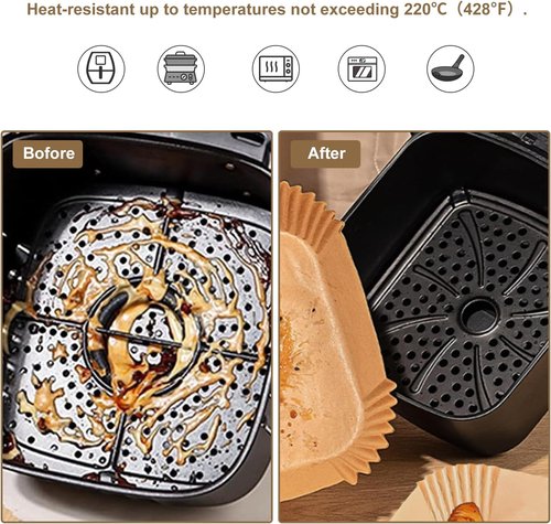 Air Fryer Paper Liners - 100 Pcs Non-Stick Parchment Liners for 7.9” Square Baskets | Food Grade Accessories