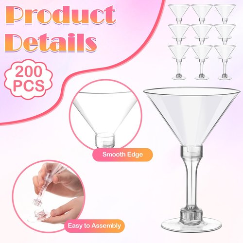 200 Pcs Plastic Martini Glasses 5 oz Disposable Cocktail Glasses Tall Mini Martini Plastic Cups Unbreakable Appetizer Dessert Cups for Margarita Wine Champagne Ice Cream Wedding Party Bar Event