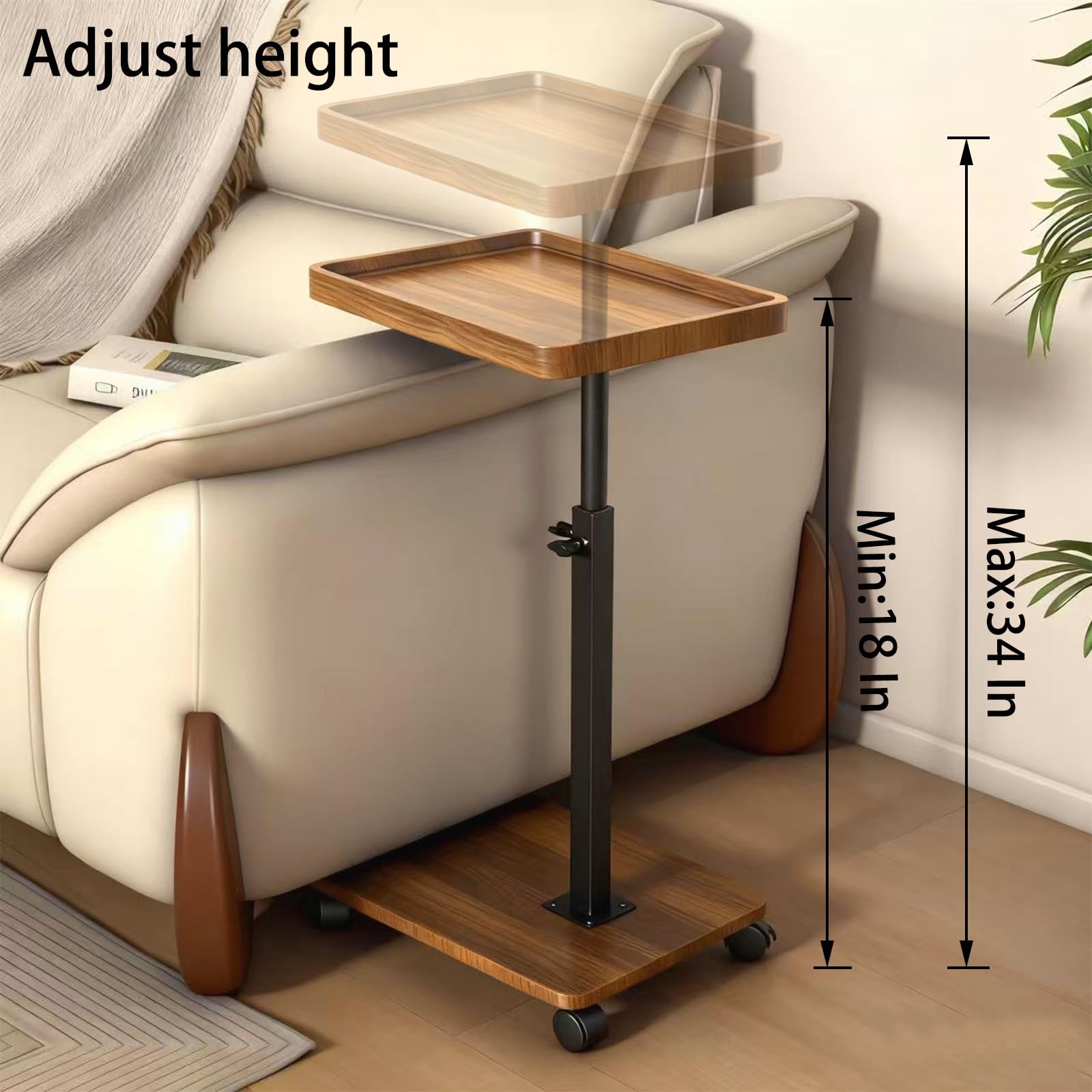 Adjustable Height Couch Tables that Slide Under Sofa, 360° Swivel Modern Tv Tray Table with Wheel, C Shaped End Table for Couch, C Table for Small Place, Perfect for Livingroom, Bedroom