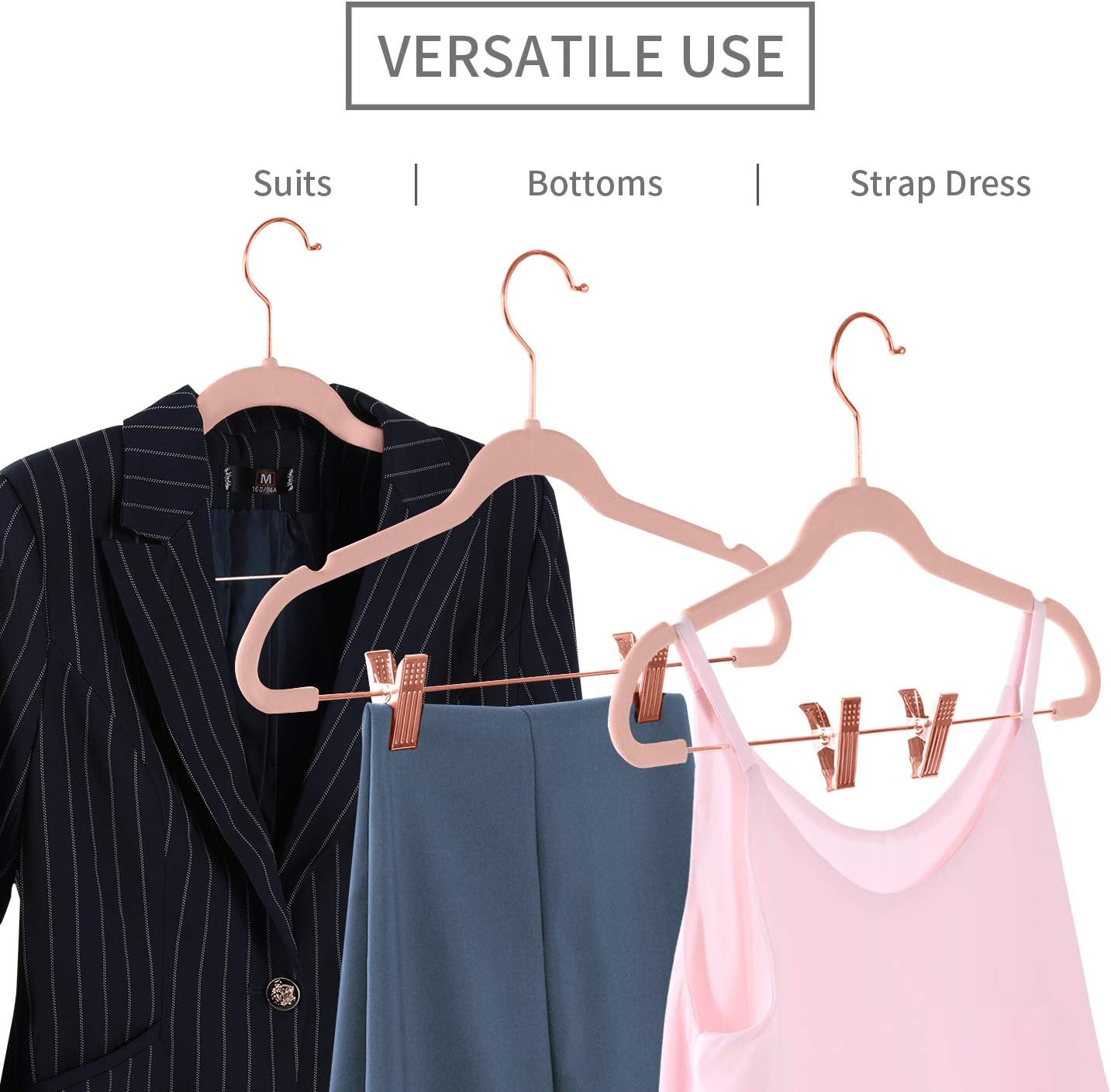 MIZGI Premium Velvet Pants Hangers - Non-Slip Clips for Slim Skirts | Blush Pink with Copper Hooks (Pack of 20)