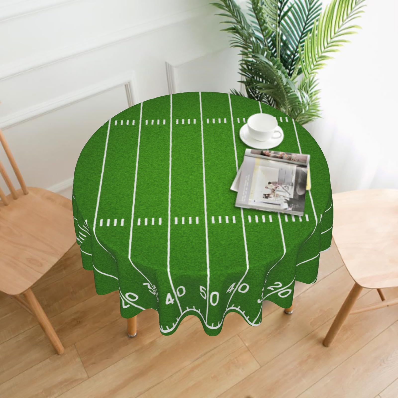Vrysenium Football Tablecloth Round 60 Inch Green Football Field Table Cloth Circle Sport Themed Table Cover Waterproof Wipeable Polyester Tabletop for Birthday Games Day Party Decorations