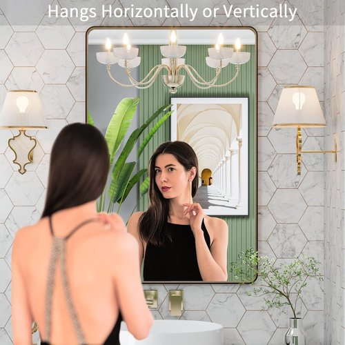 LOAAO Bronze Bathroom Mirror - 24”X32” Rounded Rectangle with Anti-Rust Brushed Metal Frame | Versatile Hanging Options