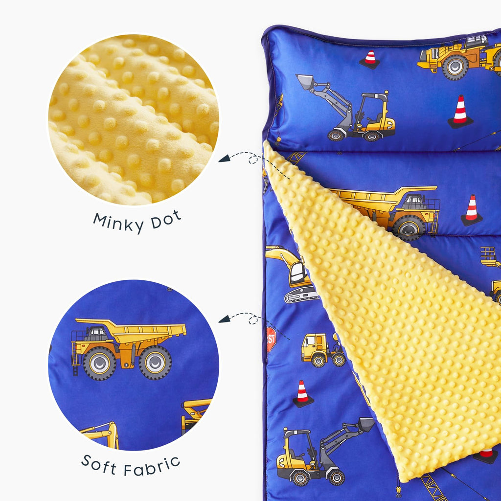 Wake In Cloud - Toddler Nap Mat with Pillow and Minky Fleece Blanket, for Kids Boys Girls in Daycare Preschool Kindergarten, Roll Up Sleeping Bag, Car Excavator Blue, Standard Size