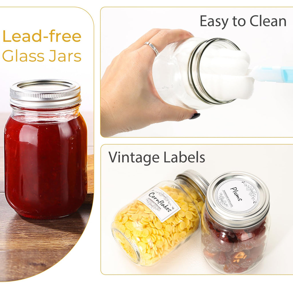 CycleMore 16 oz Mason Jars With Airtight Lids and Brands 15 Pack Glass Canning Jars with Regular Mouth, Pint Clear Glass Jar For DIY Projects, Food Storage and Fermenting with Brush & 24 Labels