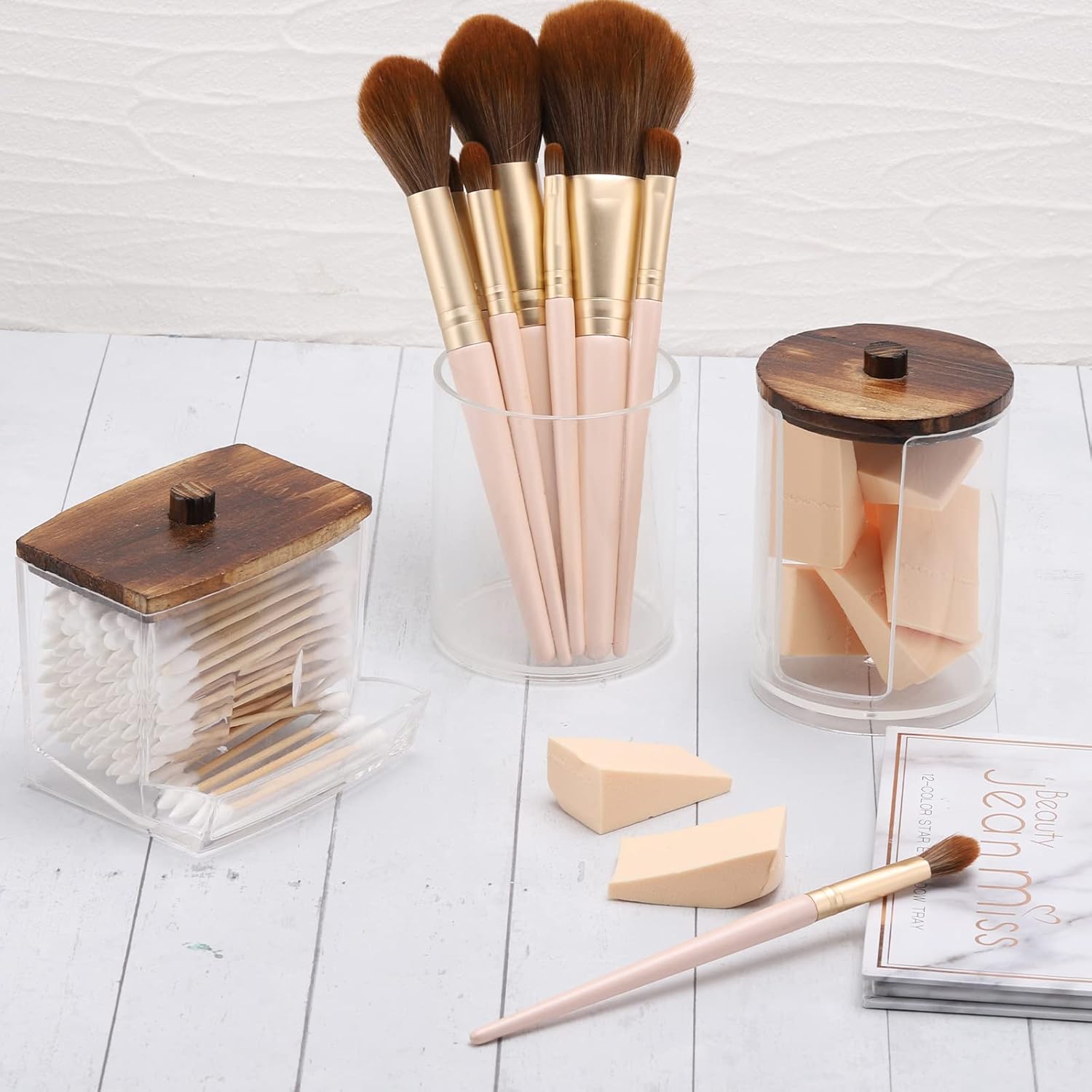 Tbestmax Bathroom Organizer Set - 3-Piece Apothecary Jar Set with Wood Lids for Q-Tips & Cotton Balls