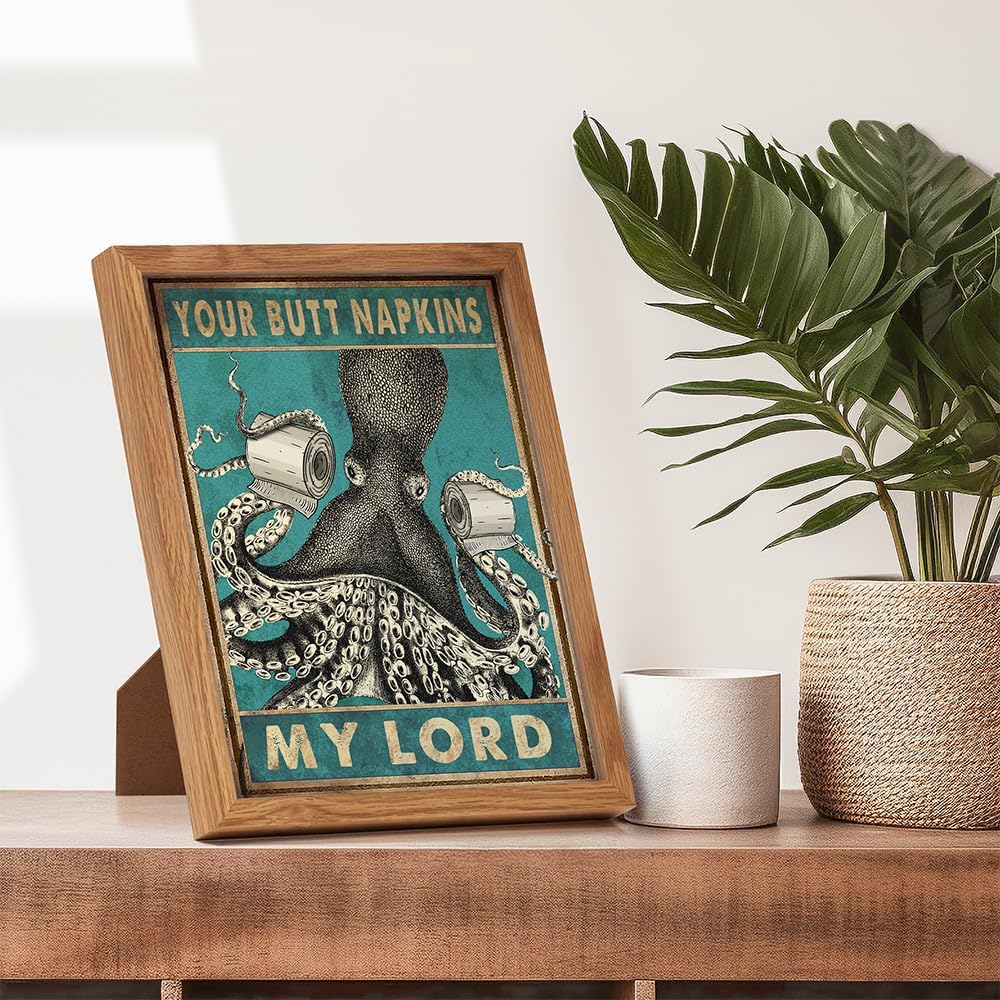 Octopus Nautical Bathroom Decor - Framed Funny Bath Picture | Beach-Themed Wall Art for Guest Bathrooms