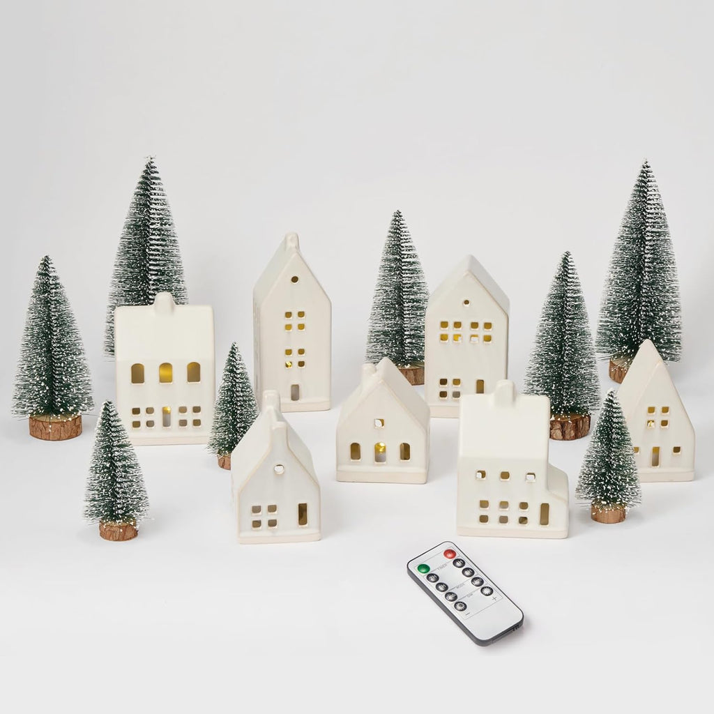 Skiennix 23 Pcs Christmas Village Set - 7 White Ceramic Houses with LED Tea Lights & Snow Trees | Festive Indoor Decor for Tabletop & Mantel