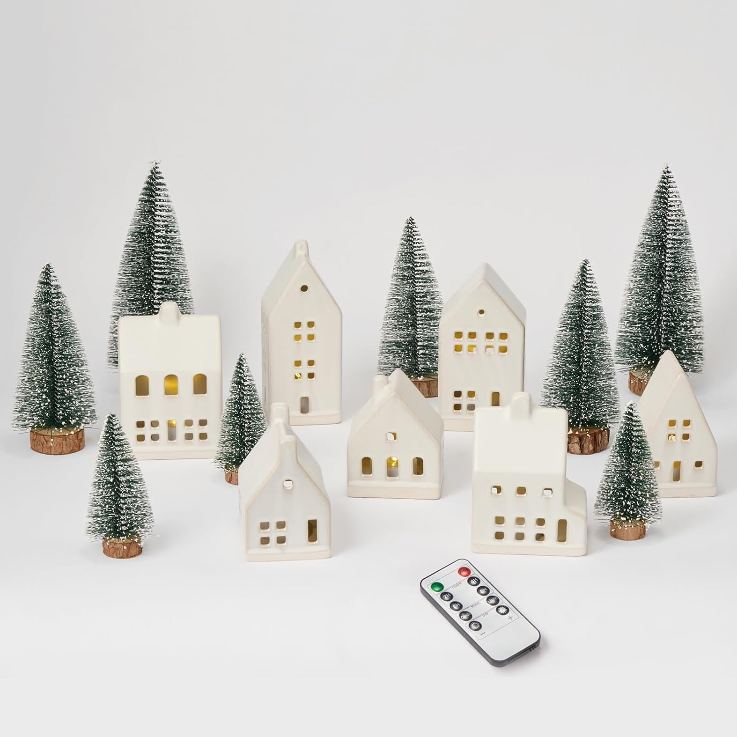Skiennix 23 Pcs Christmas Village Set - 7 White Ceramic Houses with LED Tea Lights & Snow Trees | Festive Indoor Decor for Tabletop & Mantel