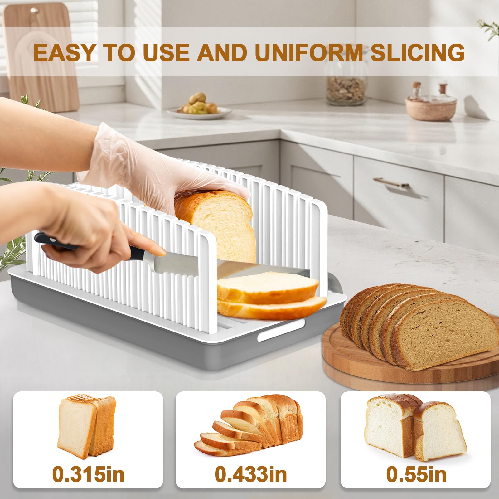 Kiss Core Upgrade Bread Slicer for Homemade Bread, Bread Slicer Guide Adjustable Width and Thickness, Foldable and Compact Cutting Guide with Crumb Tray, Suitability for Homemade Bread, Bagels, Cakes