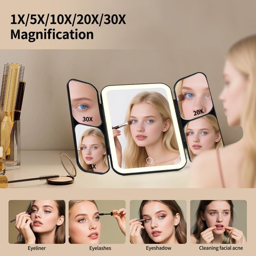 Junyaoxuan Tri-fold Vanity Mirror with Light,Rechargeable Travel Makeup Mirror with 5X/10X/20X/30X Magnifying Mirror,Touch Screen Dimming Light Up Vanity Mirrors for Travel Home,Black