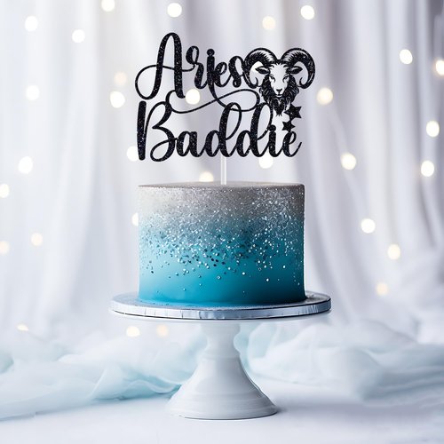 Aries Baddie Cake Topper - Zodiac Birthday Party Decor | Black Glitter Constellation Design