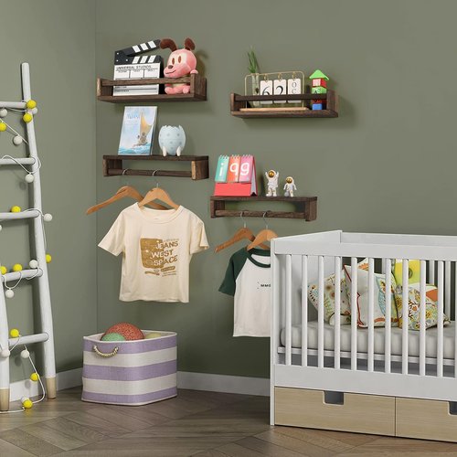 DUICIRX Nursery Room Shelves Set of 4, Wood Floating Book Shelves for Kids Room, Baby Book Shelf for Nursery, Kitchen Spice Rack (Carbonized Brown)