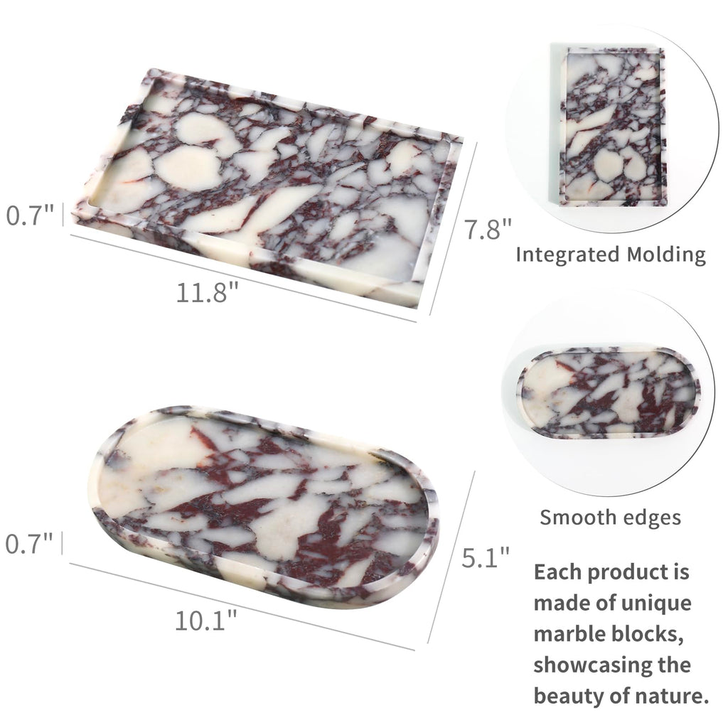 Real Luxurious Natural Marble Vanity Tray Genuine Marble Storage Tray for Home Decor Stone Tray for Bathroom/Kitchen/Vanity/Dresser Non-Resin/Non-Ceramic/Viola Oval Set