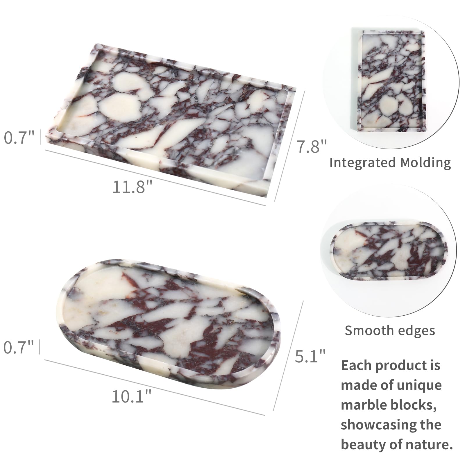 Real Luxurious Natural Marble Vanity Tray Genuine Marble Storage Tray for Home Decor Stone Tray for Bathroom/Kitchen/Vanity/Dresser Non-Resin/Non-Ceramic/Viola Oval Set