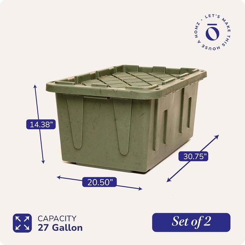 HOMZ 27 Gallon Heavy Duty Plastic Storage Bins - 2-Pack Green Camo Stackable Totes for Home & Garage