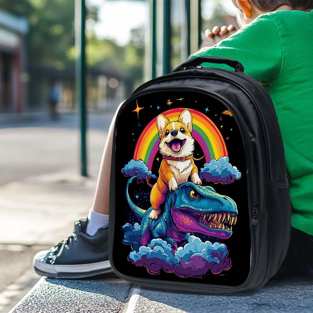 Snapjet Cute Corgi Dinosaur Backpack 3PCS 16" Preschool Elementary Schoolbag with Lunch Box Pencil Case Bookbag Set for Girls Boys Kids Children Teens School Students