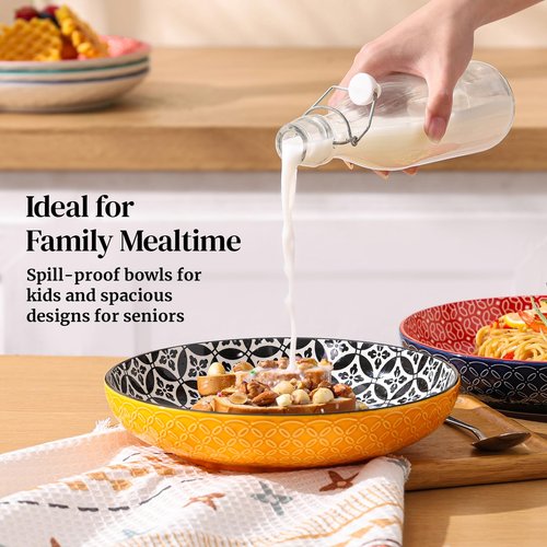 DOWAN 10" Vibrant Pasta, Salad & Soup Serving Bowls Set of 4, Embossed Large Porcelain Ceramic, Microwave & Dishwasher Safe, Bonita Design Dinnerware Dishes for Daily Dining, Family Gatherings, Party