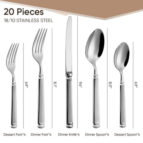 CAROTE 20 Pieces Silverware Set, Premium 18/10 Stainless Steel Flatware Set, Luxury Cutlery Set for 4, Dishwasher Safe for Home and Kitchen with Relief Patterns Handle, Party, Wedding, Silver