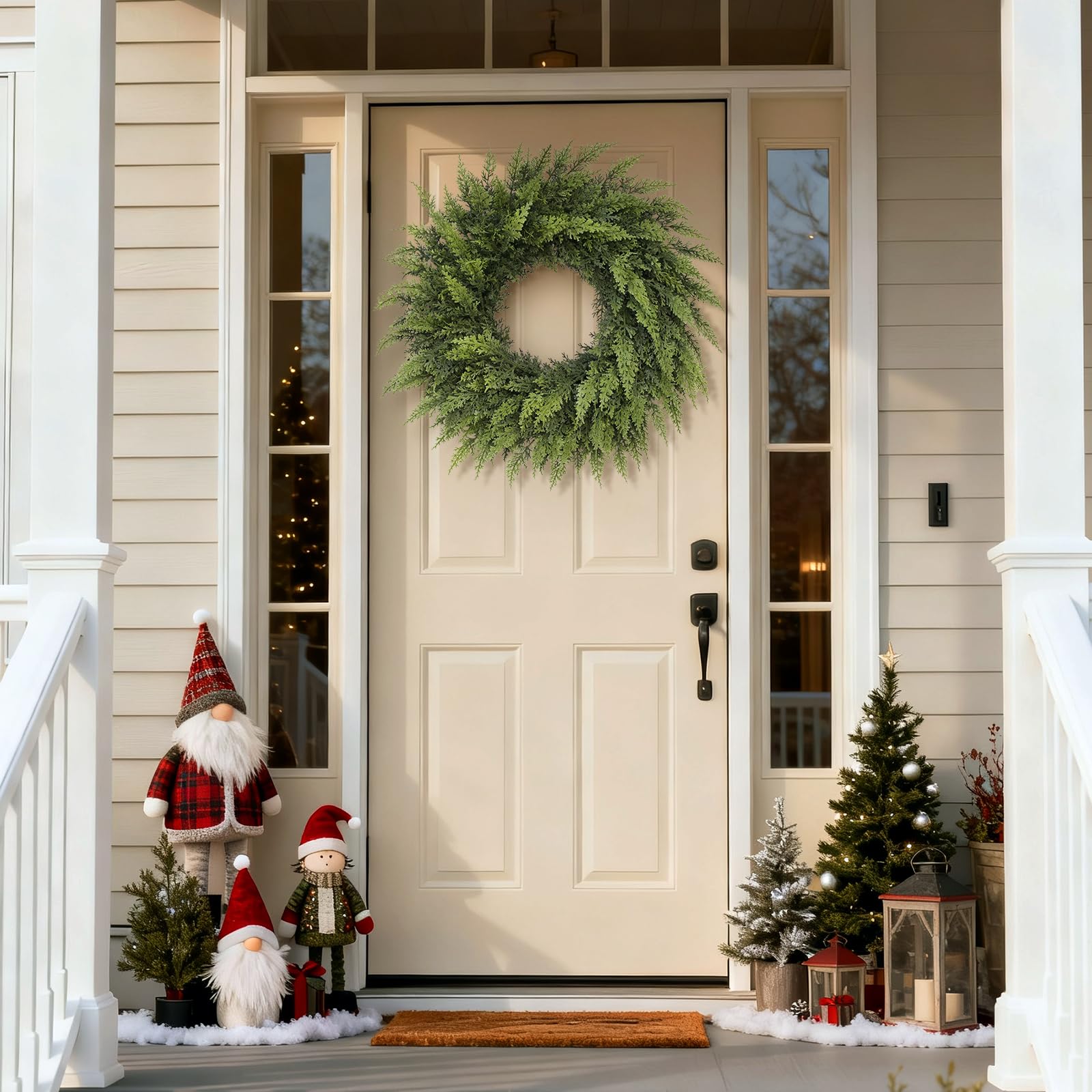 24" Soft Textured Christmas Cedar Wreath - Artificial Cedar Wreaths Faux Green Fake Pine Needles Wreath for Front Door, Wall, Windows, Home,Outdoor,Xmas Decor