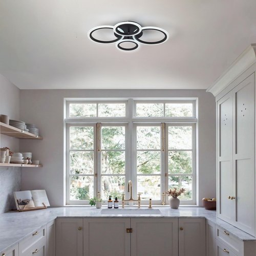 SYZXSP Modern LED Ceiling Light Fixture 22 inch 36W 3000LM 3000-6500K Dimmable with Remote Control Flush Mount Ceiling Light for Bedroom, Kitchen, Living Room, Dining Room (4 Ring, Black)