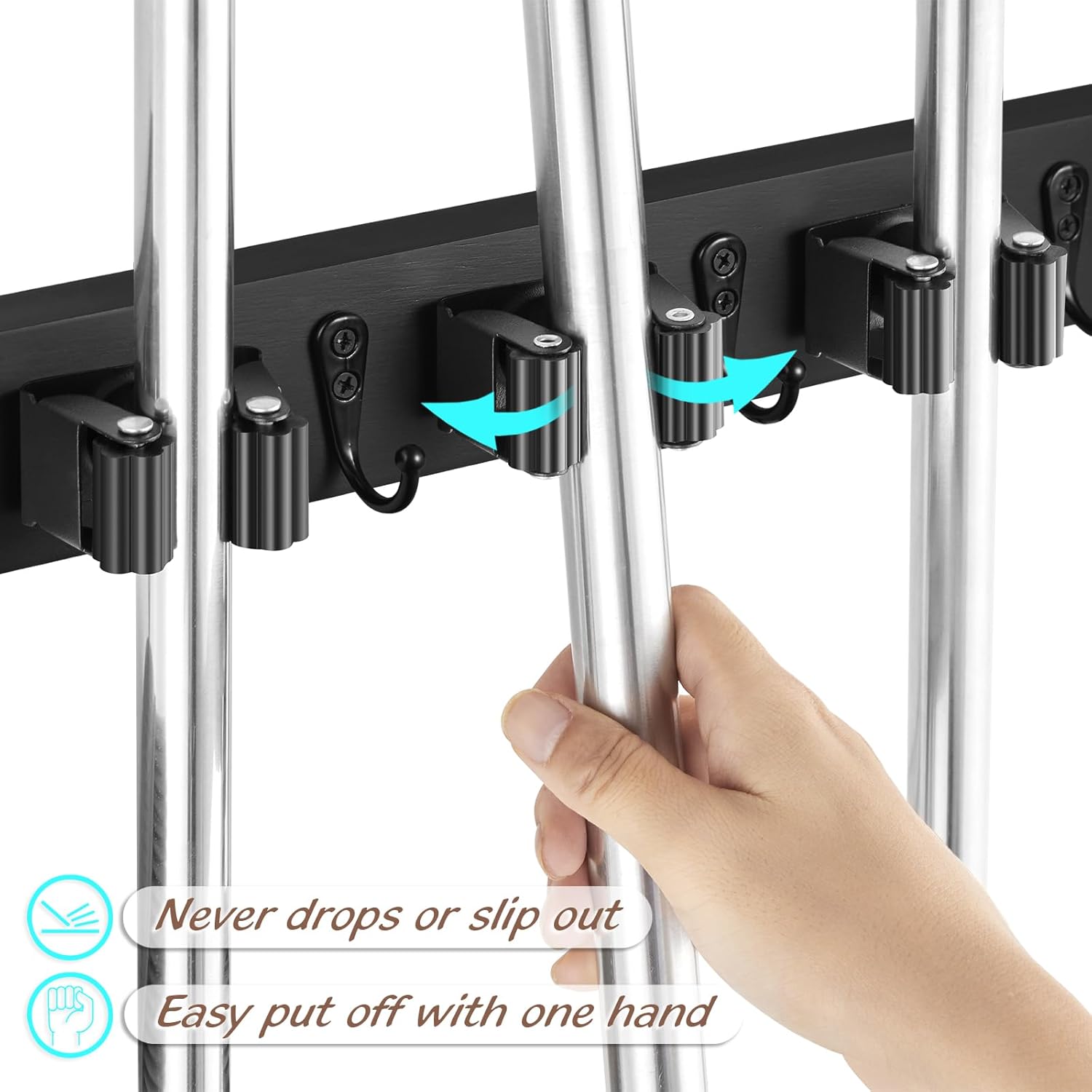 OUTNILI Mop and Broom Holder Wall Mount - Black Tool Organizer with 5 Slots & 4 Hooks for Garage, Kitchen, Laundry