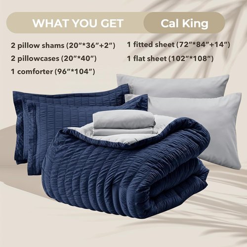 HYMOKEGE California King Comforter Set - Luxury 7-Piece Seersucker Bedding in Navy Blue & Light Grey