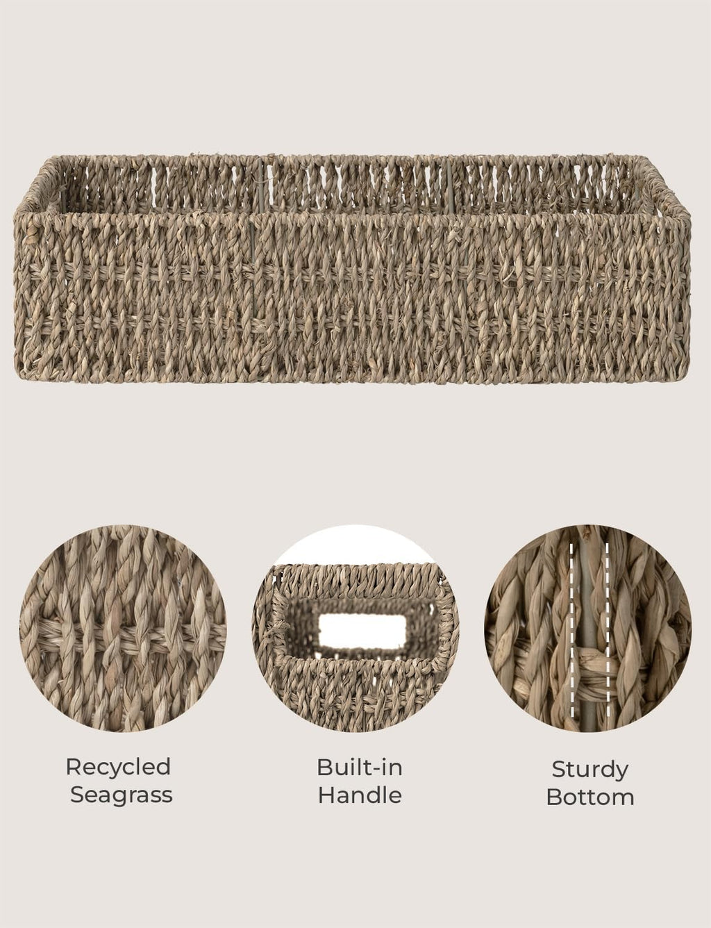 StorageWorks Seagrass Baskets - Stylish Bathroom Decor Box with Handles | 14.25"L x 6.5"W x 3.75"H